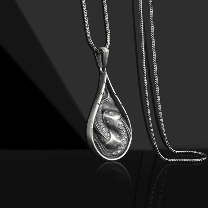 EXQUISITE IN Double Lucky Koi Fish Prosperity Pure Tin Water Drop Pattern Necklace Pendant - Image 2