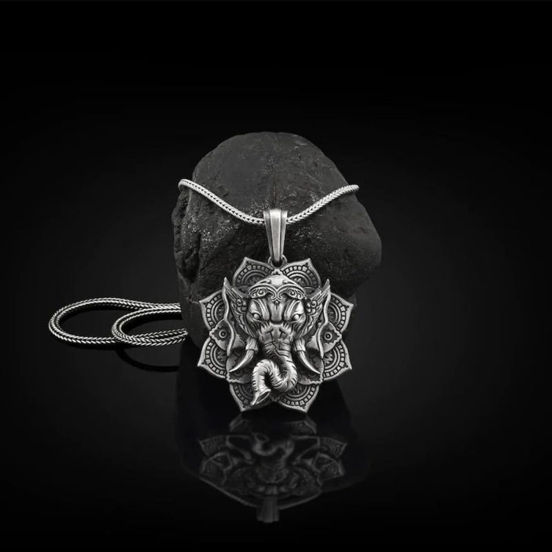 EXQUISITE IN Pure Tin Ganesh Ganpati Elephant Protection Amulet Necklace Pendant