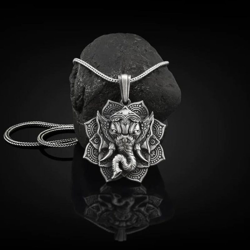 EXQUISITE IN Pure Tin Ganesh Ganpati Elephant Protection Amulet Necklace Pendant - Image 2