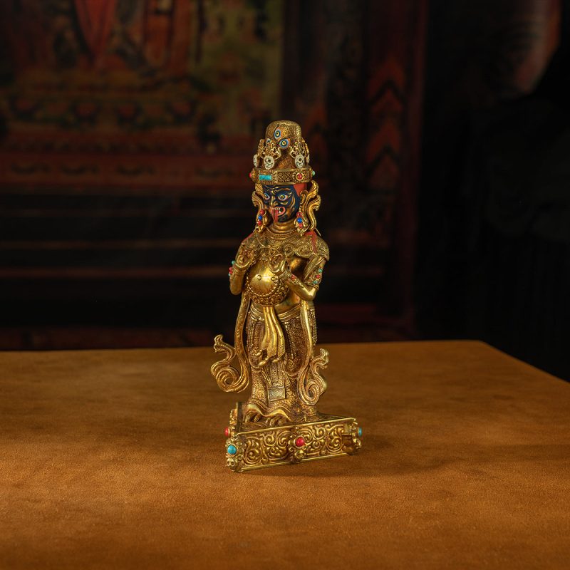 19th Century Zashi Lhamo Dharmapala God of Wealth Gilt Copper Painted Tibetan Buddha Statue From Sera Monastery - Image 6