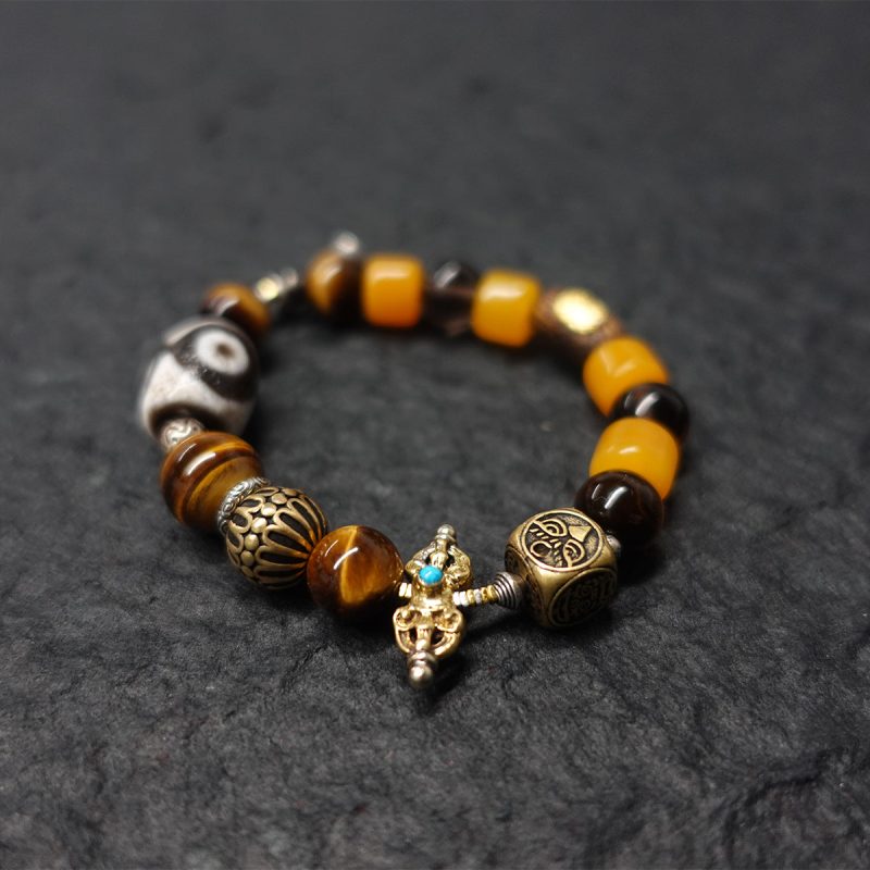 Protective Energy Three-Eyed Dzi Bead Bracelet Tibetan Vajra Silver Talisman - Image 8