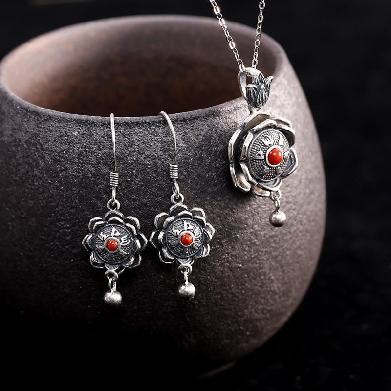 EXQUISITE IN 925 Sterling Silver Om Mani Padme Hum Lotus Peace Necklace Pendant Earrings - Image 5