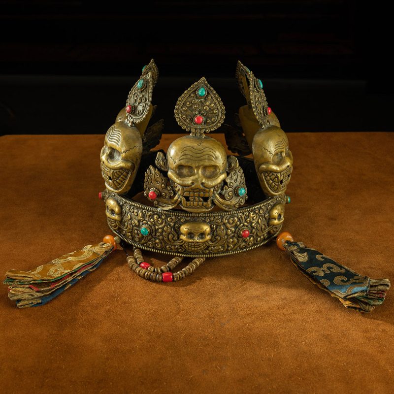 Qing Dynasty  Sita Vana's Dharma Protector Hat Yellow Lima Copper Inlaid With Coral and Turquoise Sakya Monastery - Image 8