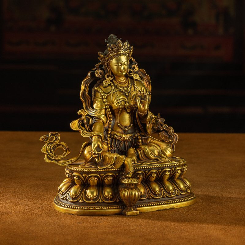 Qing Dynasty Green Tara Tibetan Antique Buddha Statue Copper Gilding - Image 4