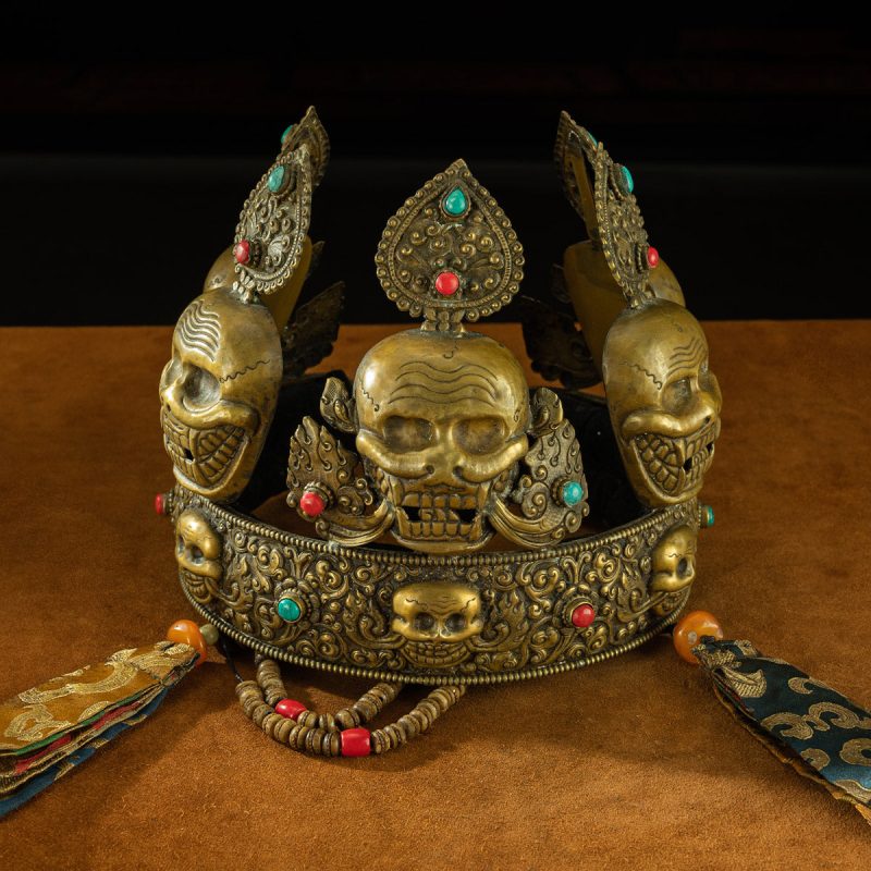 Qing Dynasty  Sita Vana's Dharma Protector Hat Yellow Lima Copper Inlaid With Coral and Turquoise Sakya Monastery - Image 4