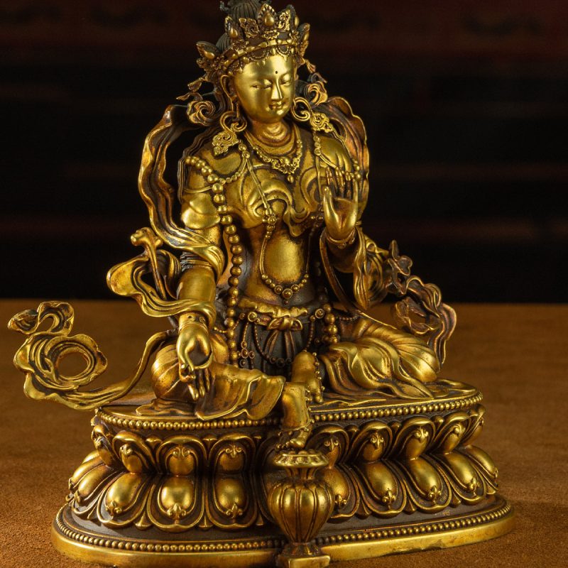 Qing Dynasty Green Tara Tibetan Antique Buddha Statue Copper Gilding - Image 5