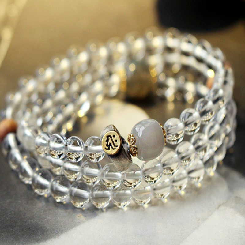 Zodiac Healing Crystal 108 Mala Beads Tibetan White Quartz & Moonstone Necklace - Image 5