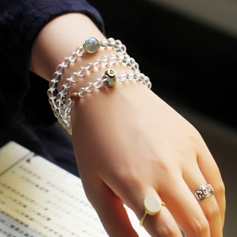 Zodiac Healing Crystal 108 Mala Beads Tibetan White Quartz & Moonstone Necklace - Image 4