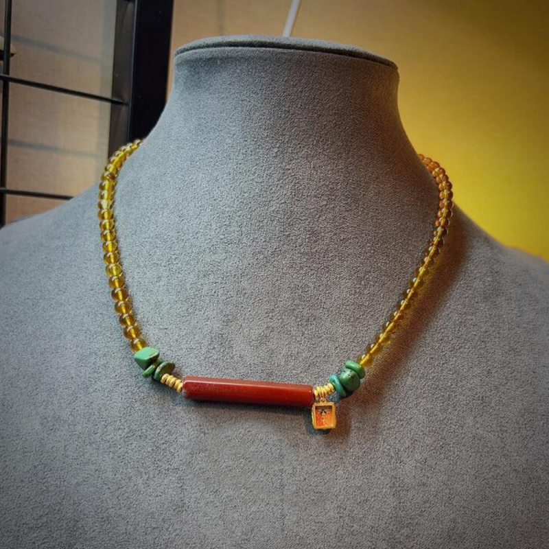 Natural Red Agate Amber and Turquoise Vintage Choker Necklace for Health - Image 2