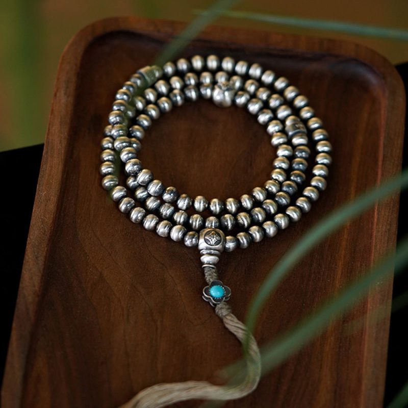Sacred Prosperity Tibetan Silver & Turquoise 108 Mala Necklace - Image 3