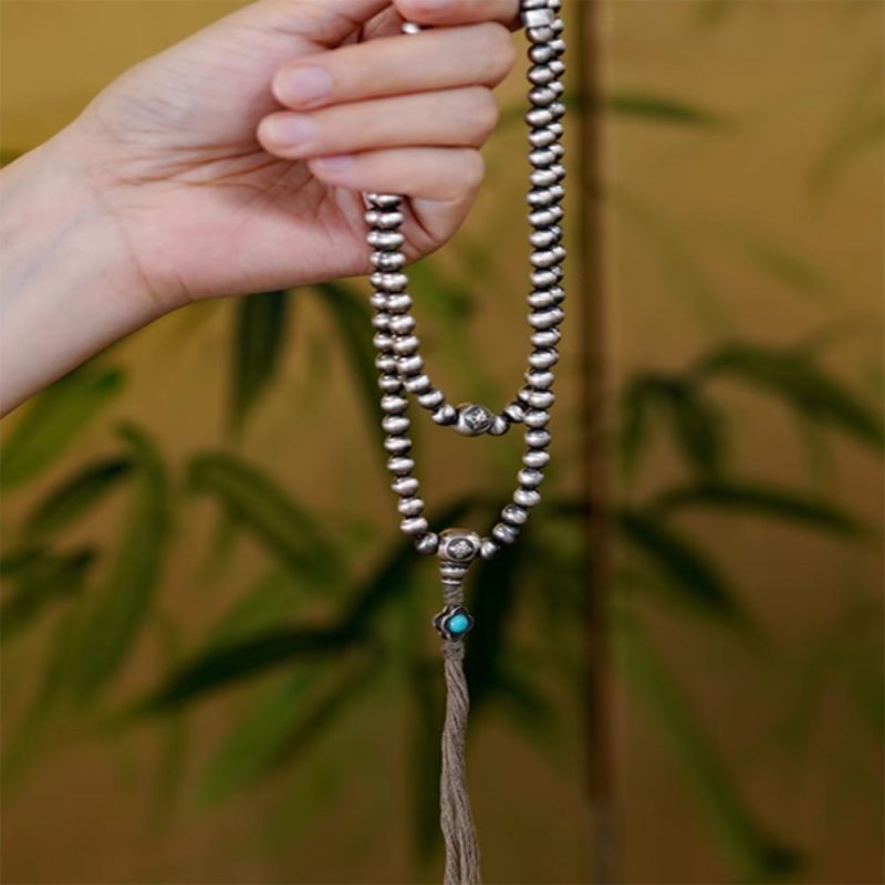 Sacred Prosperity Tibetan Silver & Turquoise 108 Mala Necklace - Image 2