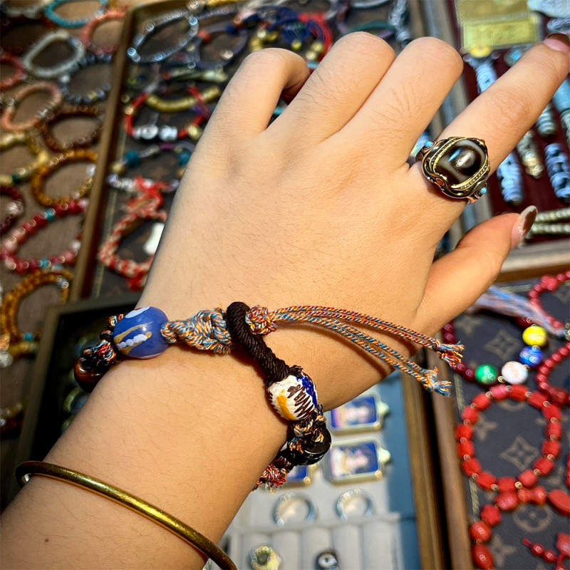 Wealth Zashi Lhamo Goddess Leather Tsha-Tsha Tibetan Traditions Knotted Bracelet Set With Wood beads - Image 3