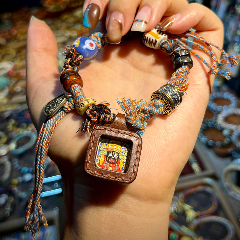 Wealth Zashi Lhamo Goddess Leather Tsha-Tsha Tibetan Traditions Knotted Bracelet Set With Wood beads - Image 2