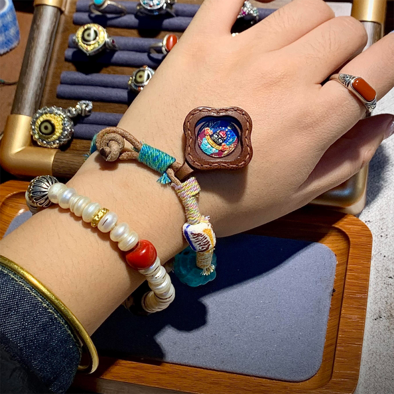 Zashi Lhamo Goddess Unique Leather Tsha-Tsha Tibetan Traditions Knotted Set of Wealth Bracelet - Image 2