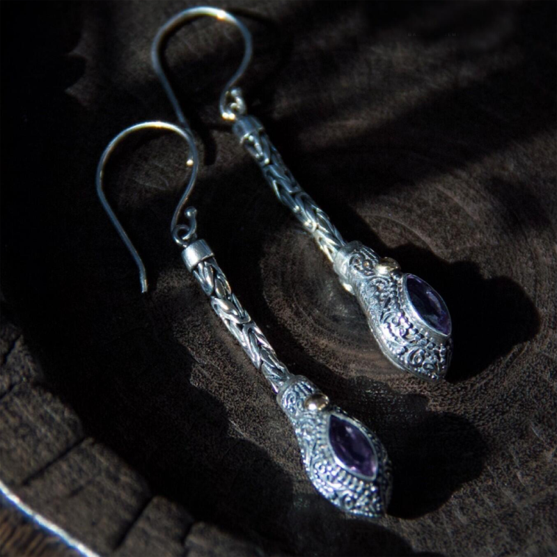 Evil Eye Amethyst Protection Energy Silver 18k Gold Earrings - Image 2