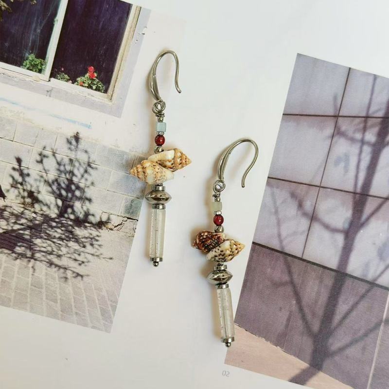 Lucky Energy Conch and Clear Quartz Dangle Earrings - Image 2