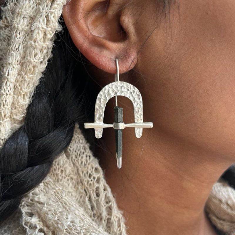 Vitality Arch Earrings - Green Phantom Crystal & Sterling Silver - Image 2