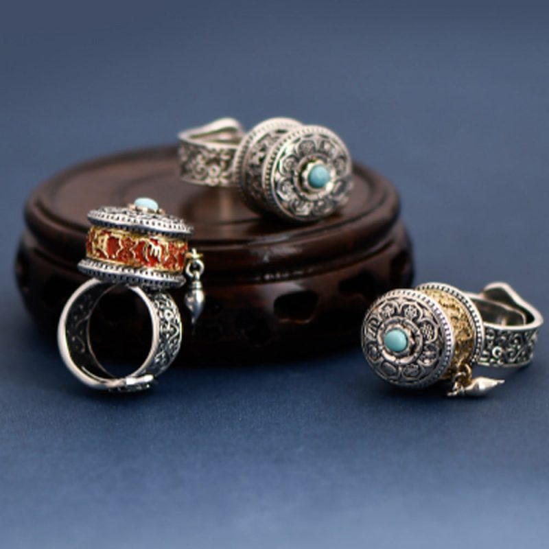 Tibetan Blessing Prayer Wheel Ring – Silver and Turquoise Spinner - Image 2