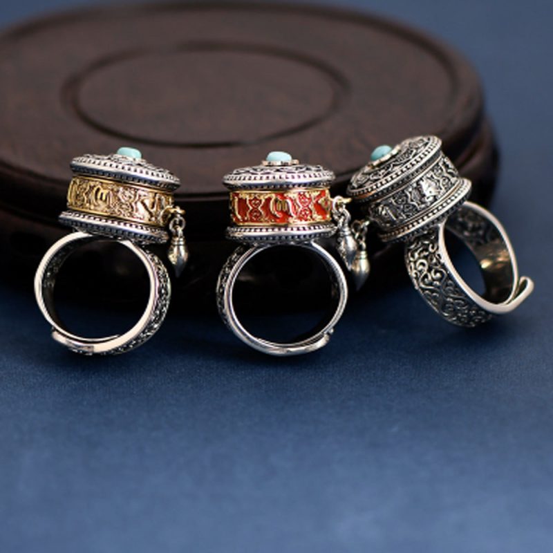 Tibetan Blessing Prayer Wheel Ring – Silver and Turquoise Spinner - Image 3