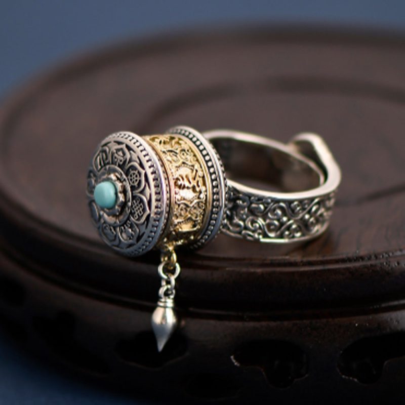 Tibetan Blessing Prayer Wheel Ring – Silver and Turquoise Spinner - Image 6