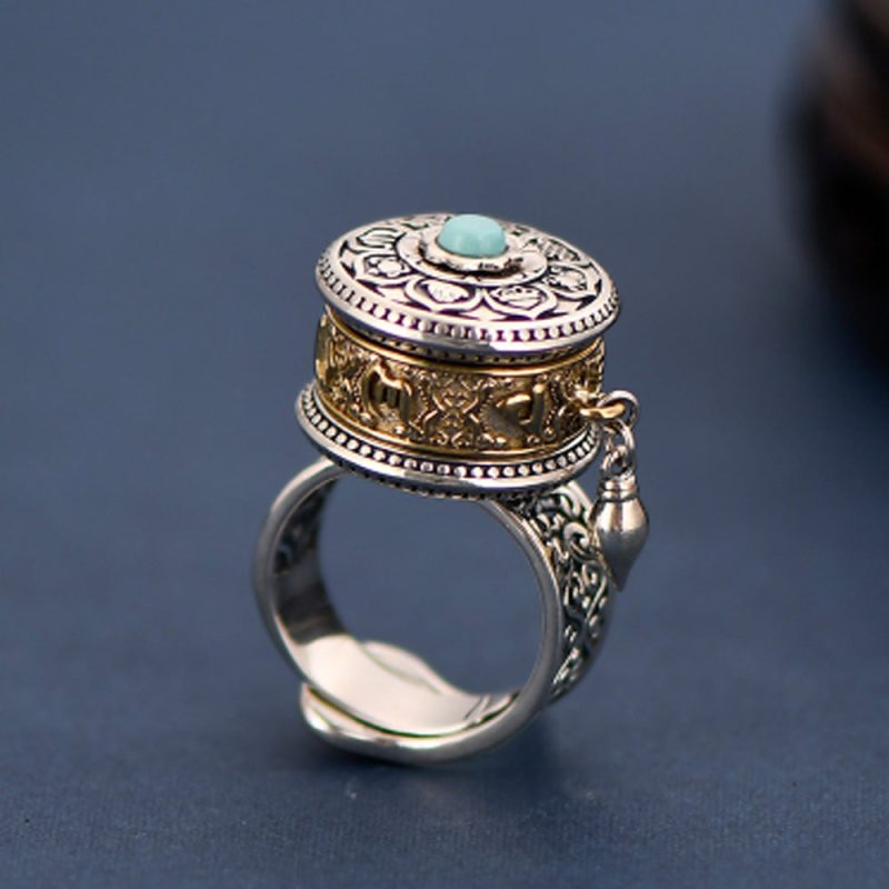 Tibetan Blessing Prayer Wheel Ring – Silver and Turquoise Spinner - Image 4