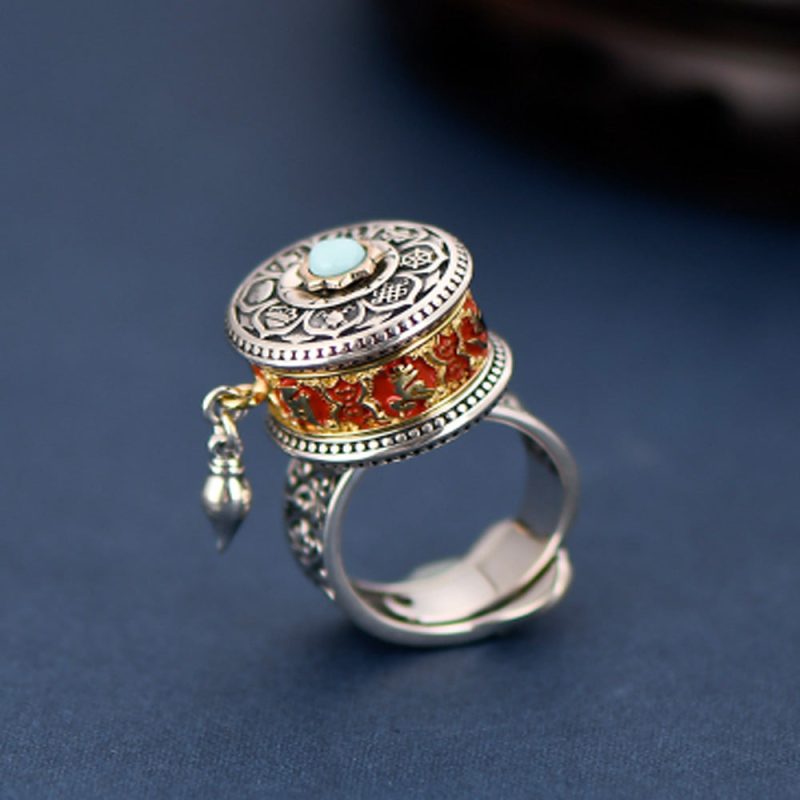 Tibetan Blessing Prayer Wheel Ring – Silver and Turquoise Spinner - Image 7