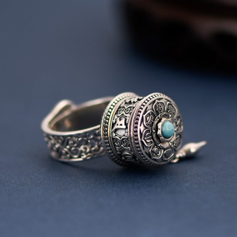 Tibetan Blessing Prayer Wheel Ring – Silver and Turquoise Spinner - Image 5