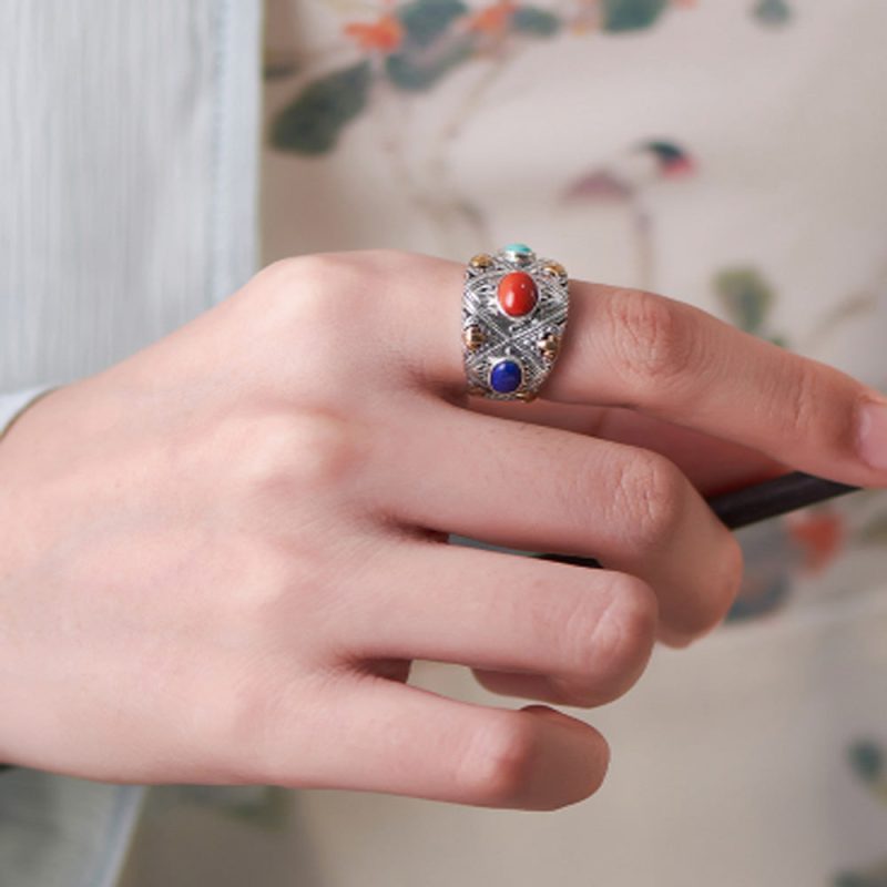 Prosperity Gemstone Guardian Ring – Carnelian, Turquoise, Lapis in Silver - Image 2