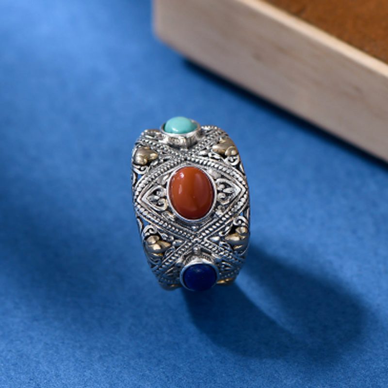 Prosperity Gemstone Guardian Ring – Carnelian, Turquoise, Lapis in Silver - Image 3