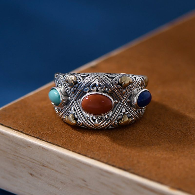 Prosperity Gemstone Guardian Ring – Carnelian, Turquoise, Lapis in Silver - Image 4