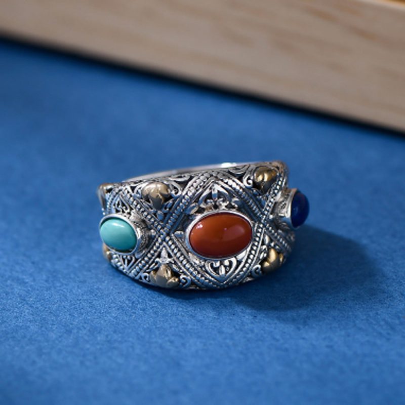 Prosperity Gemstone Guardian Ring – Carnelian, Turquoise, Lapis in Silver - Image 5