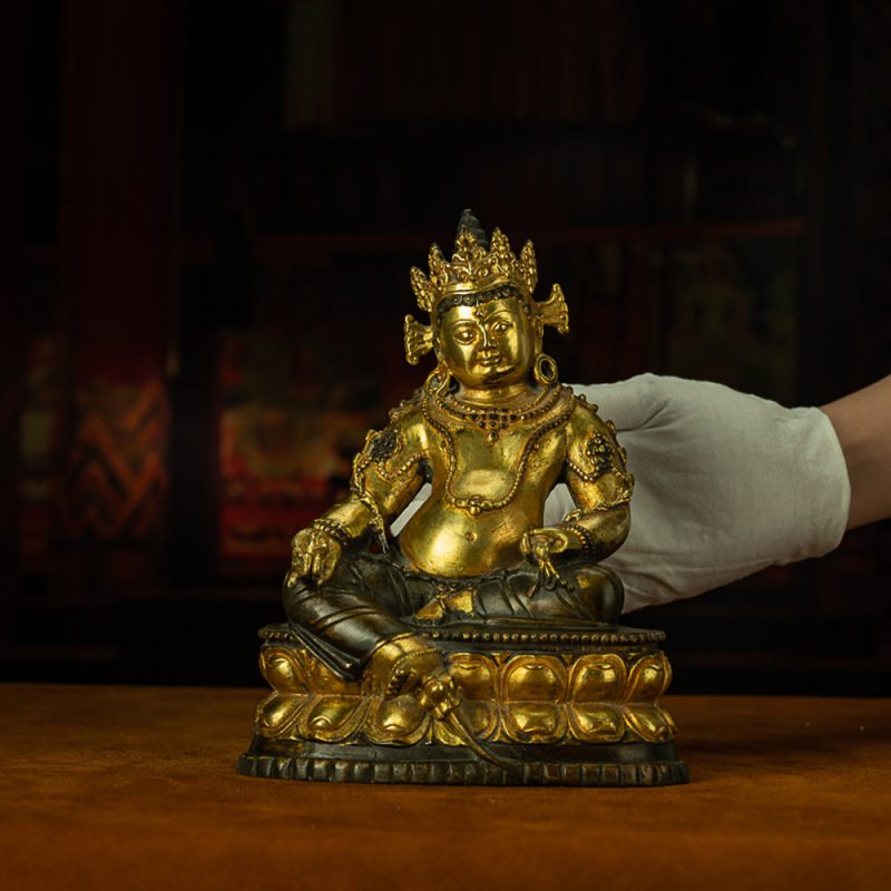 Yellow Dzambhala Statue – Purple Zilima Copper Wealth Sculpture - Image 4