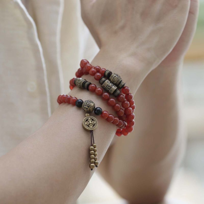 Health Energy Red Carnelian Agate and Obsidian Mala Necklace - Image 4