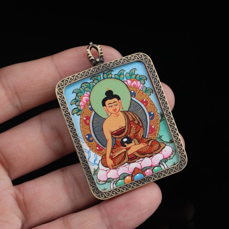 Shakyamuni Buddha Tibetan Thangka Pendant with Eight Auspicious Tibetan Signs Shell - Image 2