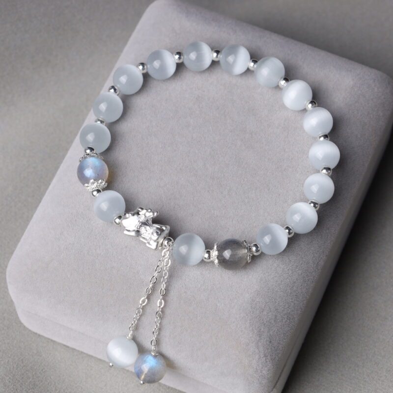 EXQUISITE IN Natural Cat's Eye Moonstone Strawberry Quartz PiXiu Support Bracelet - Image 3