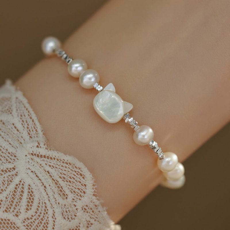 EXQUISITE IN Pearl Cat Head Tridacna Stone Silver Chain Healing Bracelet - Image 2