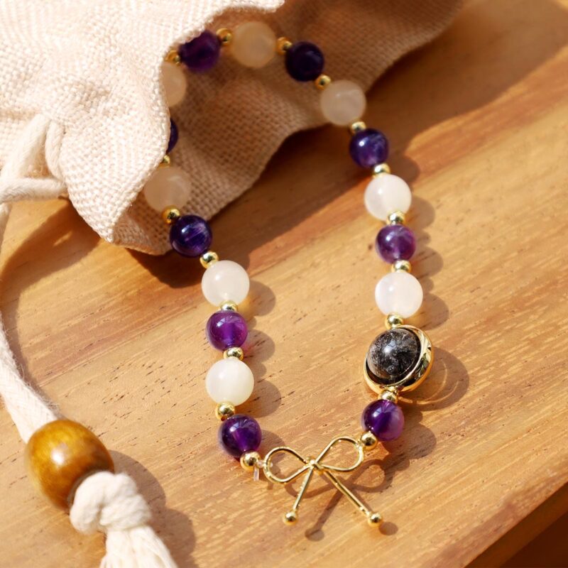 EXQUISITE IN Amethyst Cat Eye Black Rutilated Quartz Spiritual Bead Bracelet - Image 3