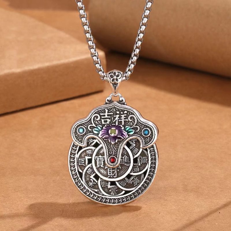 EXQUISITE IN Peony Flower Copper Coins Wealth Necklace Pendant