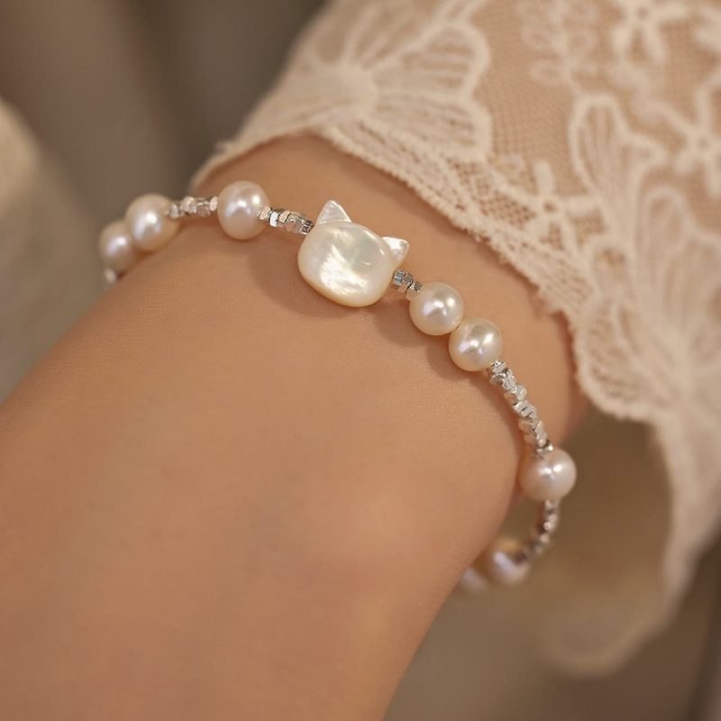 EXQUISITE IN Pearl Cat Head Tridacna Stone Silver Chain Healing Bracelet - Image 3