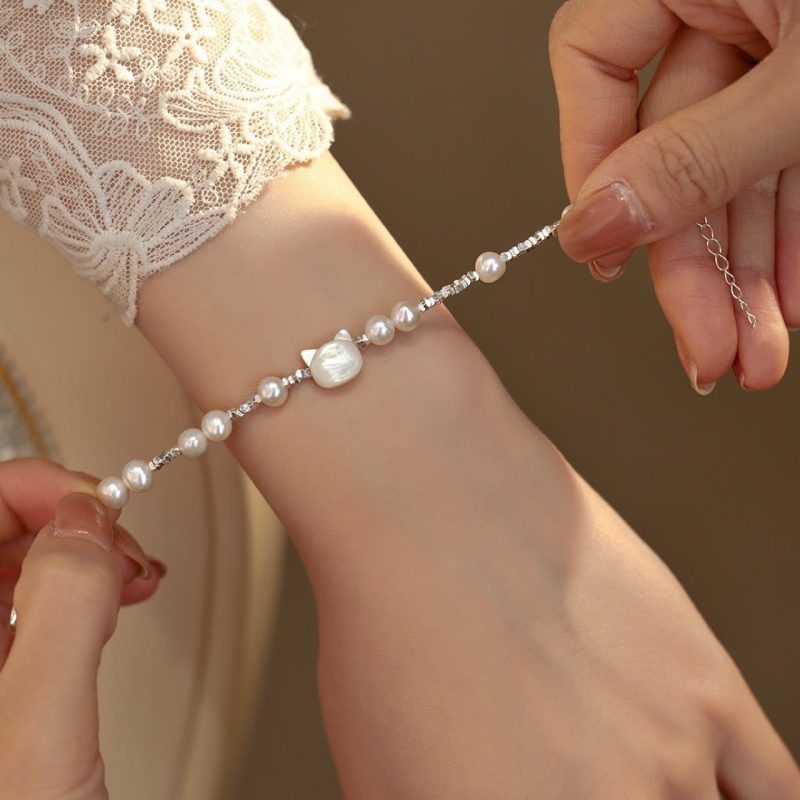 EXQUISITE IN Pearl Cat Head Tridacna Stone Silver Chain Healing Bracelet - Image 4